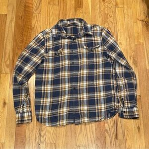 Lucky Brand Men's Blue and Yellow Plaid Flannel Shirt